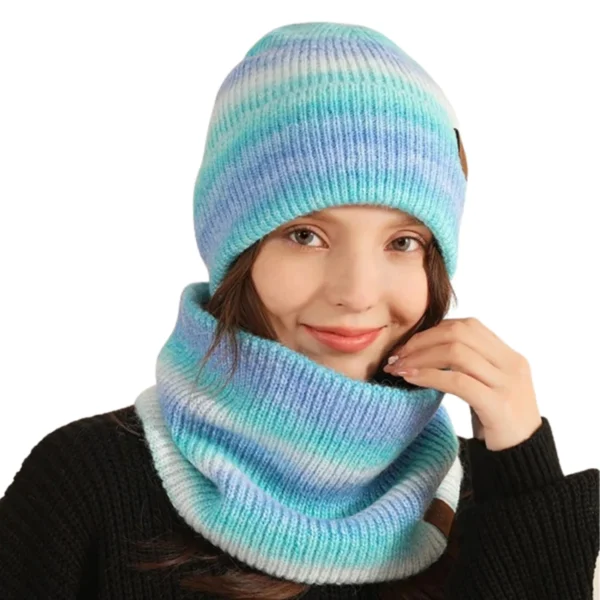 Bonnet Bleu "Aurore Boréale" - Ensemble 2 Pièces Bonnet & Écharpe