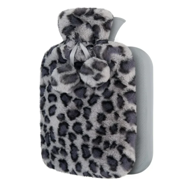 Bouillotte Eau Chaude Léopard Premium En Fausse Fourrure Polaire Grise