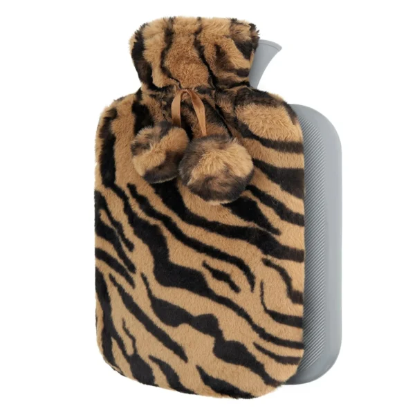 Bouillotte Eau Chaude Zébrée Premium En Fausse Fourrure Polaire Marron