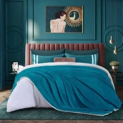 Plaid Polaire "Blandine" Turquoise Doublé Avec Fourrure Sherpa