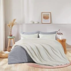 Plaid Polaire "Blandine" Beige Doublé Avec Fourrure Sherpa