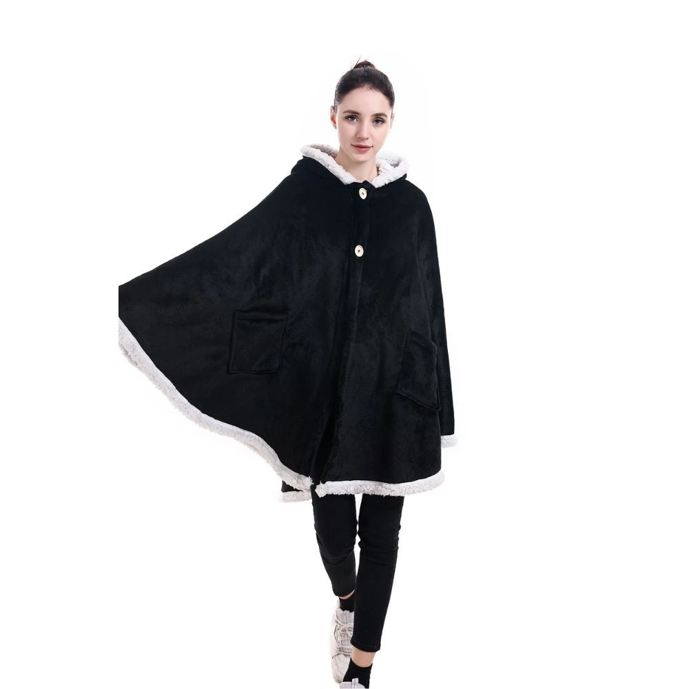 Poncho Plaid Polaire Géant Noir à Capuche Et Poches Latérales 10 Poncho Plaid Polaire Géant Noir à Capuche Et Poches Latérales - Image 8