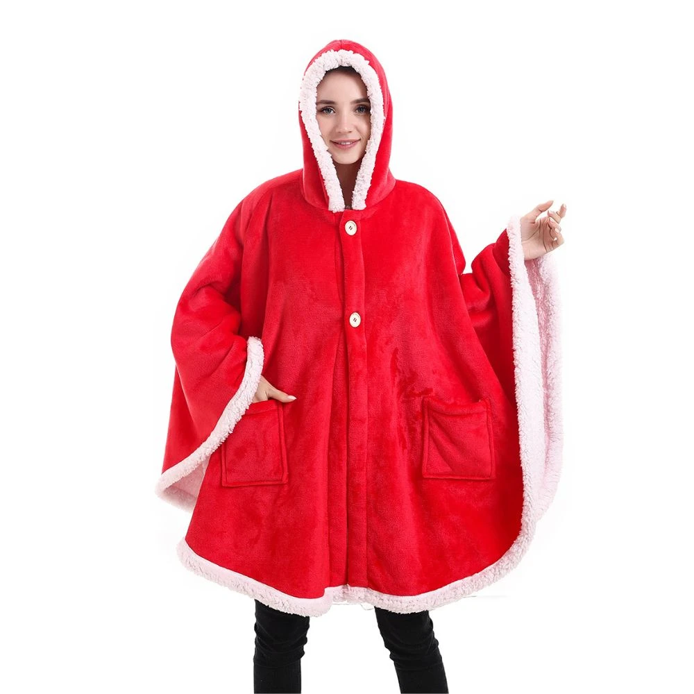 Poncho Plaid Polaire Géant Rouge à Capuche Et Poches Latérales 5 Poncho Plaid Polaire Géant Rouge à Capuche Et Poches Latérales - Image 3