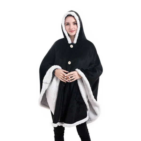 Poncho Plaid Polaire Géant Noir à Capuche Et Poches Latérales