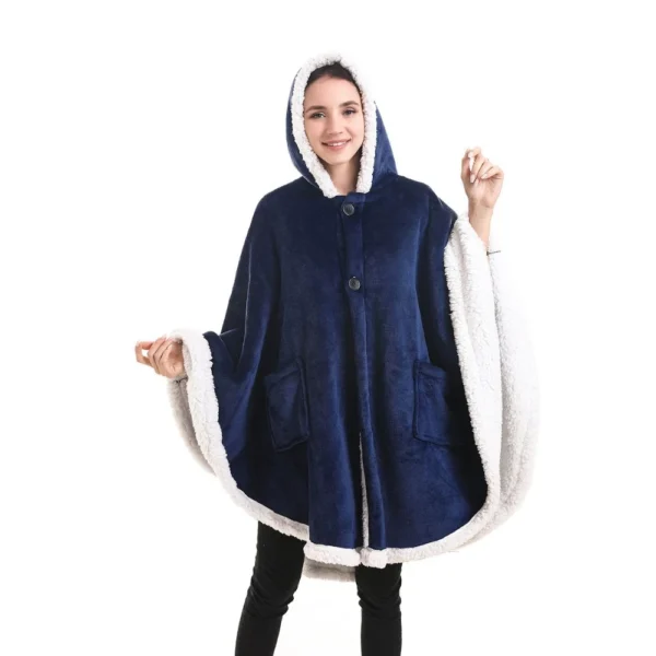 Poncho Plaid Polaire Géant Bleu Marine à Capuche Et Poches Latérales -Monin Sirop Store PonchoPlaidmancheGeantIrisbleu