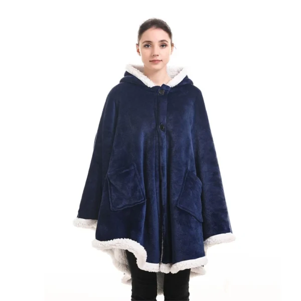 Poncho Plaid Polaire Géant Bleu Marine à Capuche Et Poches Latérales -Monin Sirop Store PonchoPlaidpolaireGeantIrisbleu