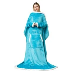 Plaid Cocooning Géant Turquoise - Couverture Douillette Avec Doublure Polaire