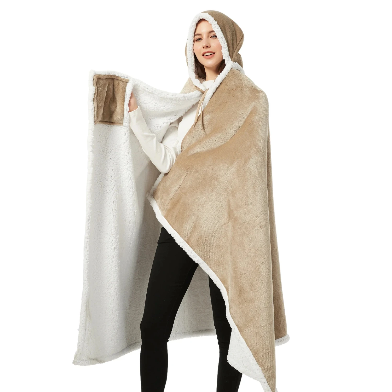 Poncho Polaire Femme Beige à Capuche 7 Poncho Polaire Femme Beige à Capuche - Image 5