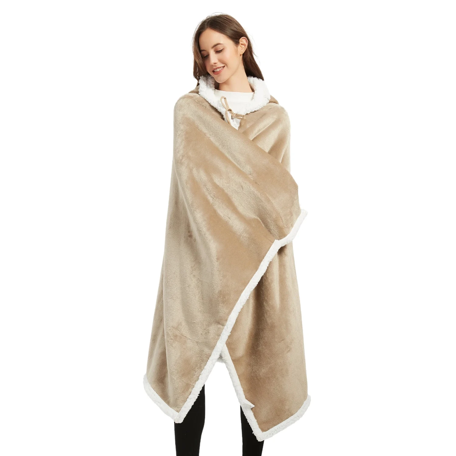 Poncho Polaire Femme Beige à Capuche 5 Poncho Polaire Femme Beige à Capuche - Image 3